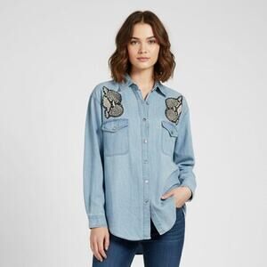 Vintage Robin Berry Western Blue Denim Shirt Faux Snake Skin Panels Size Large